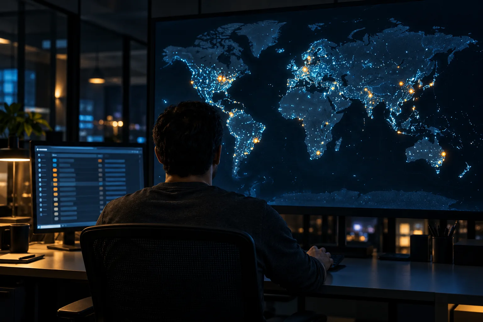 Security engineer reviewing a world map of internet-exposed assets during an attack surface review