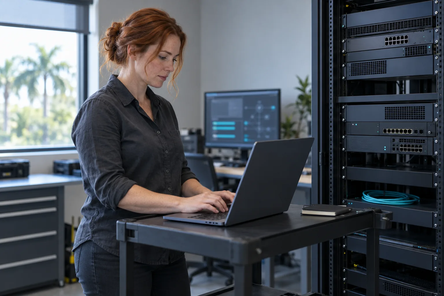Rhenium Security engineer configuring equipment at a client network rack