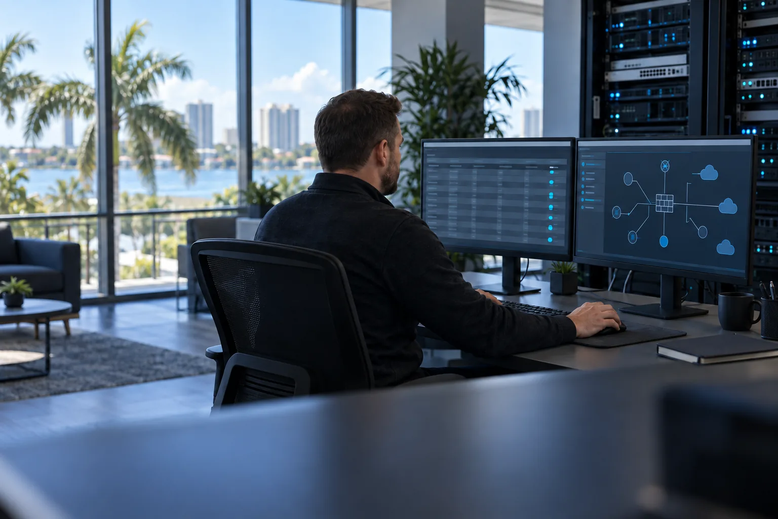 Rhenium Security engineer monitoring a network security dashboard at the West Palm Beach office