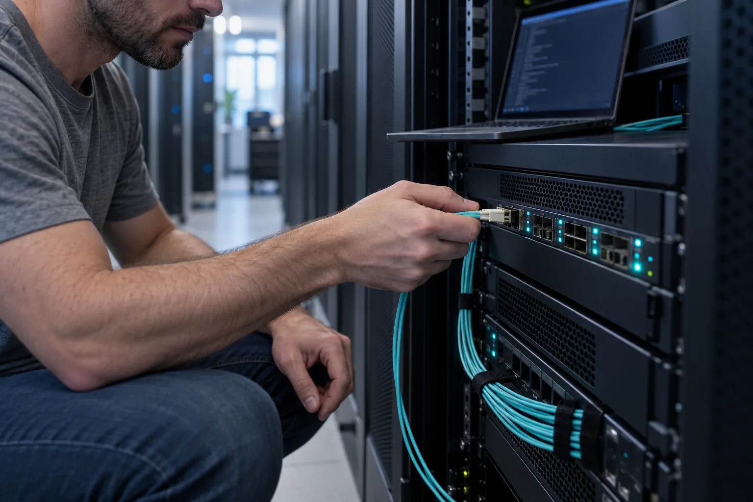 Rhenium Security engineer seating a fiber connection in a firewall rack