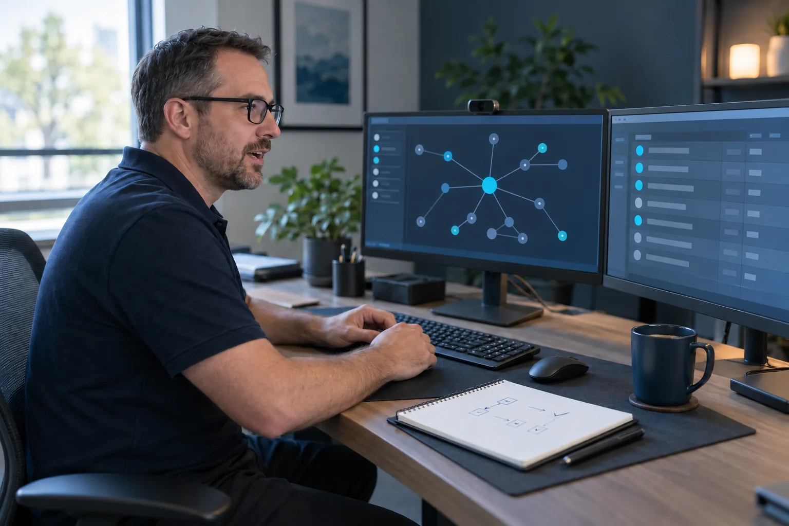 Rhenium Security architect reviewing a network topology at a dual-monitor workstation
