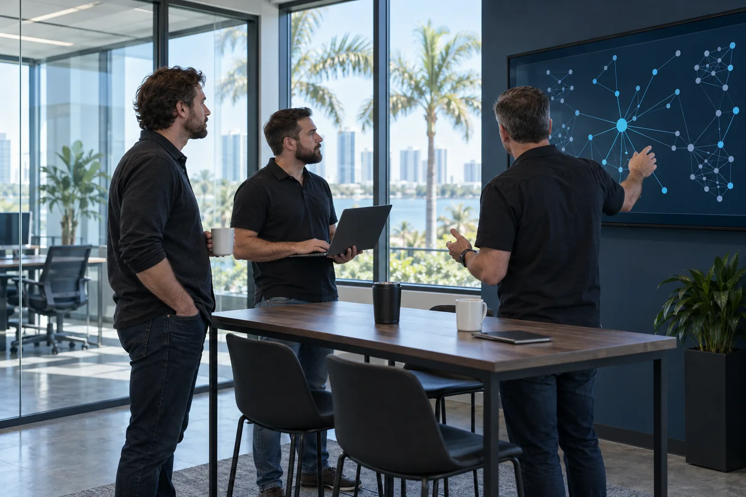 Rhenium Security engineers reviewing a network map during a security operations stand-up