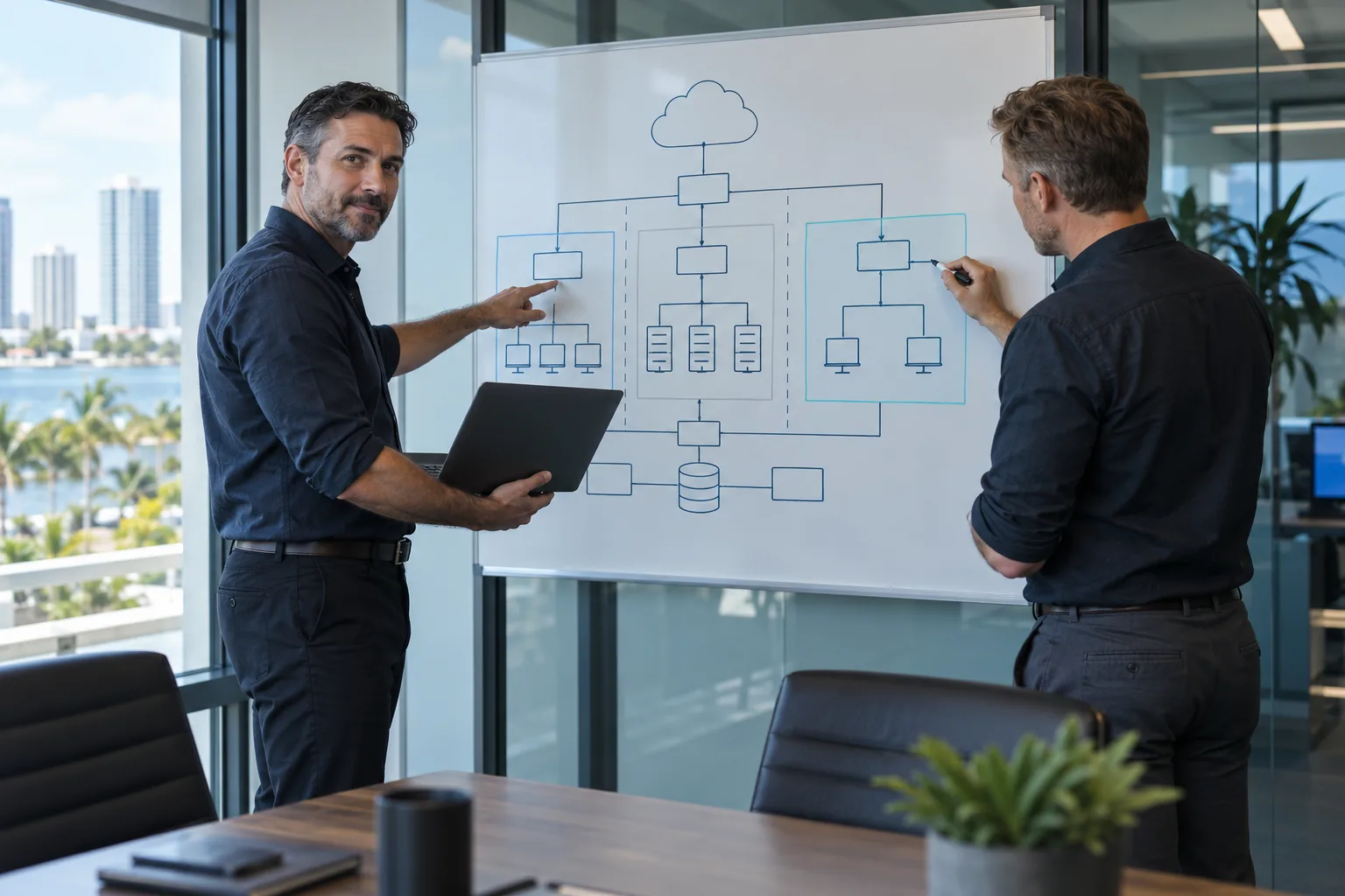 Rhenium Security engineers sketching a network segmentation design on a whiteboard